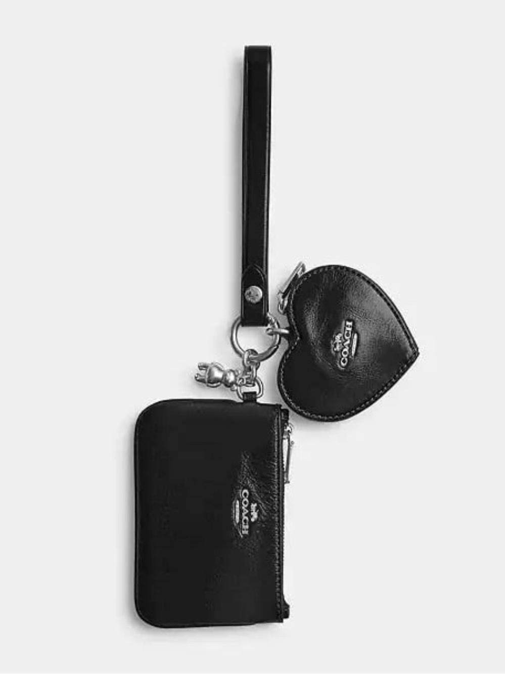 Coach Wristlet And Heart Pouch With Charm Silver/Black Shiny Crinkle Leather NWT